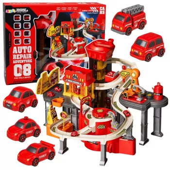 LEAN TOYS Interactive Track Car Parking Workshop Car Wash – Fire Department Play Set with 8 Cars
