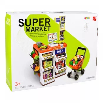 LEAN TOYS Large Supermarket Cash Register Trolley Set - 60 Pieces with Lights, Sounds & Accessories, Role Play Toy for Kids 3+