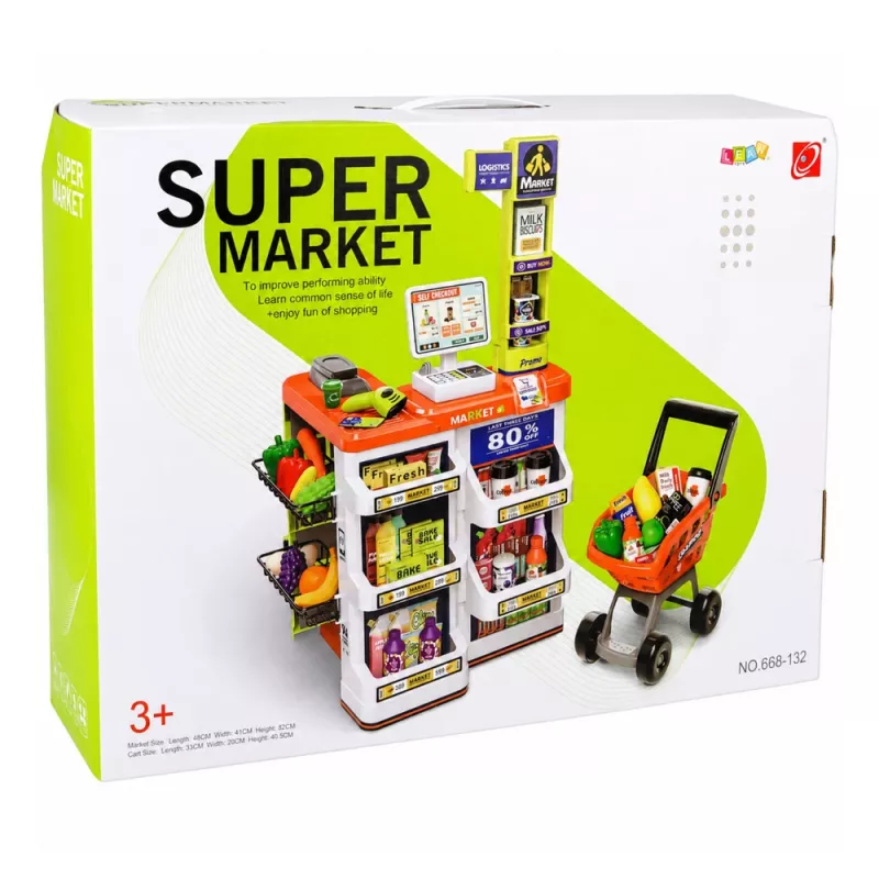 LEAN TOYS Large Supermarket Cash Register Trolley Set - 60 Pieces with Lights, Sounds & Accessories, Role Play Toy for Kids 3+