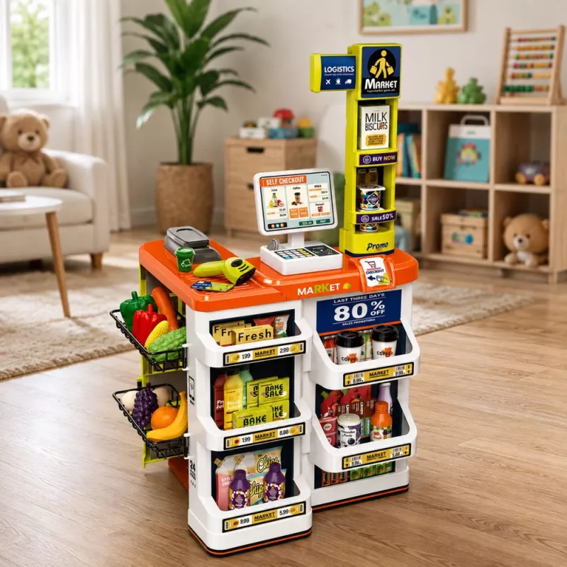 LEAN TOYS Large Supermarket Cash Register Trolley Set - 60 Pieces with Lights, Sounds & Accessories, Role Play Toy for Kids 3+