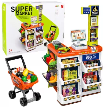 LEAN TOYS Large Supermarket Cash Register Trolley Set - 60 Pieces with Lights, Sounds & Accessories, Role Play Toy for Kids 3+