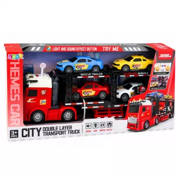 LEAN TOYS Lora Transporter Tow Truck with 4 Cars, Lights & Sounds – Friction Powered Toy Car Carrier with Detachable Trailer