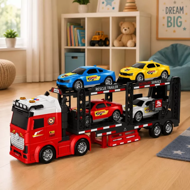 LEAN TOYS Lora Transporter Tow Truck with 4 Cars, Lights & Sounds – Friction Powered Toy Car Carrier with Detachable Trailer