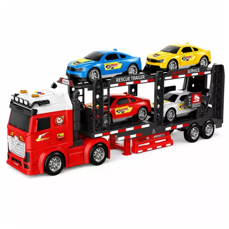 LEAN TOYS Lora Transporter Tow Truck with 4 Cars, Lights & Sounds – Friction Powered Toy Car Carrier with Detachable Trailer
