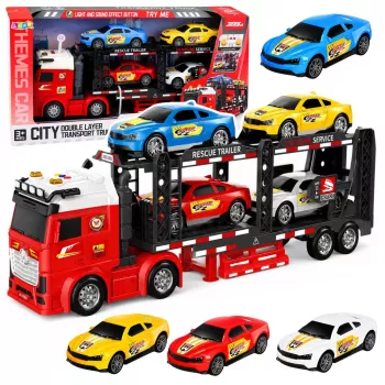 LEAN TOYS Lora Transporter Tow Truck with 4 Cars, Lights & Sounds – Friction Powered Toy Car Carrier with Detachable Trailer