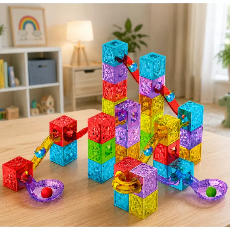 LEAN TOYS Magnetic Building Blocks 60 pcs - Colourful Cube Ball Track Construction Set