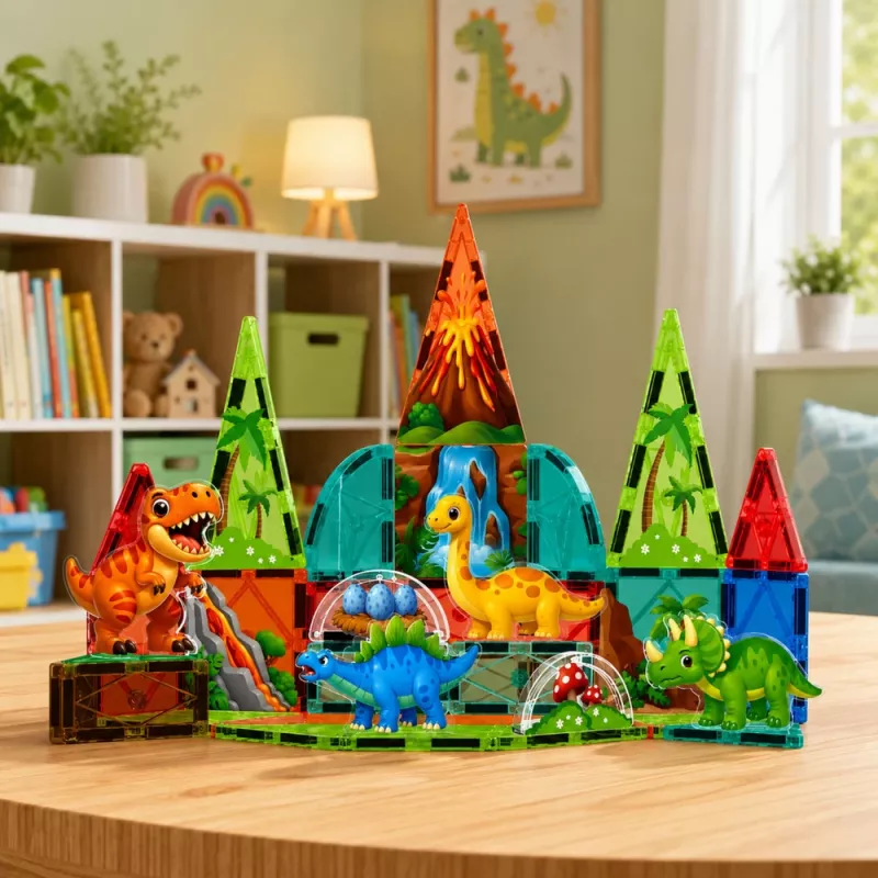 LEAN TOYS Magnetic Construction Blocks Dinosaurs Volcano Set - 43 Pieces STEM Educational Building Toy for Kids 3+