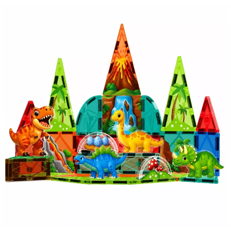 LEAN TOYS Magnetic Construction Blocks Dinosaurs Volcano Set - 43 Pieces STEM Educational Building Toy for Kids 3+