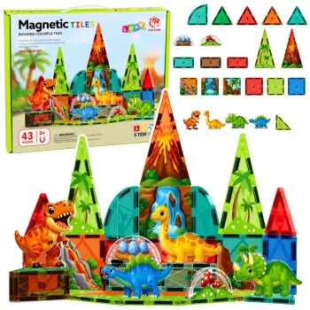 LEAN TOYS Magnetic Construction Blocks Dinosaurs Volcano Set - 43 Pieces STEM Educational Building Toy for Kids 3+