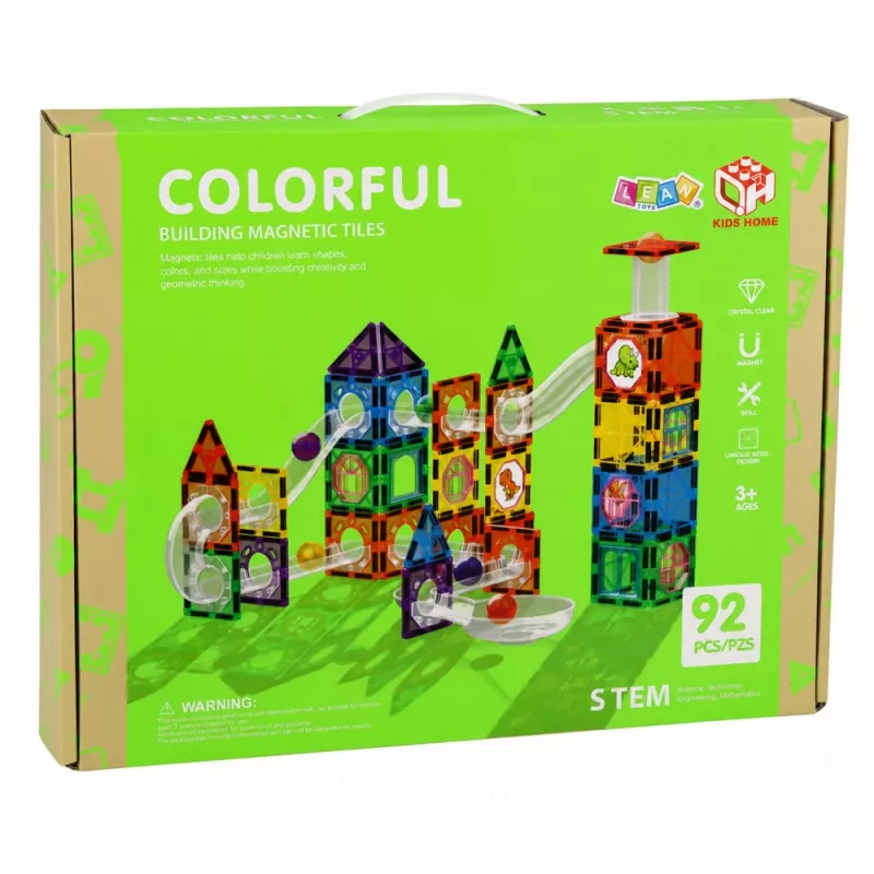 LEAN TOYS Magnetic Construction Blocks Track Set with STEM Balls and Dinosaurs – 92 Pieces