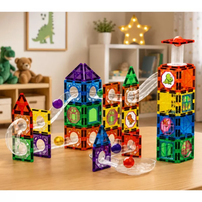 LEAN TOYS Magnetic Construction Blocks Track Set with STEM Balls and Dinosaurs – 92 Pieces