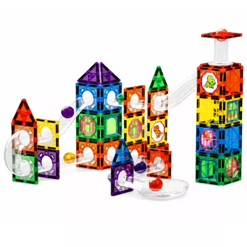 LEAN TOYS Magnetic Construction Blocks Track Set with STEM Balls and Dinosaurs – 92 Pieces