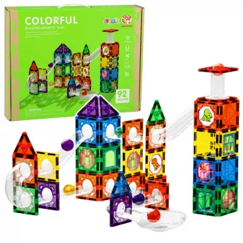 LEAN TOYS Magnetic Construction Blocks Track Set with STEM Balls and Dinosaurs – 92 Pieces