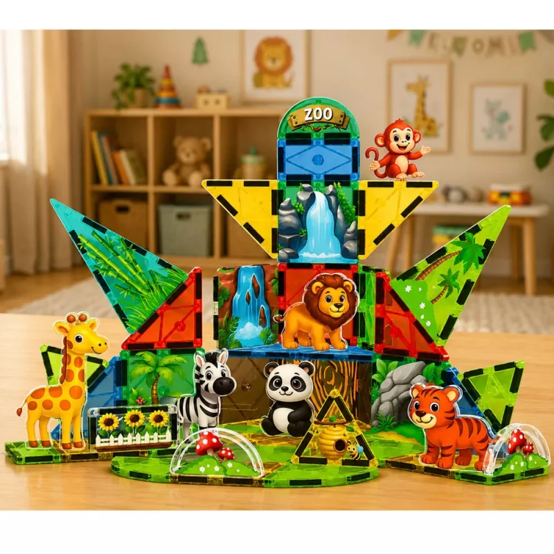 LEAN TOYS Magnetic Construction Blocks Wild Animals Jungle ZOO 52 pcs