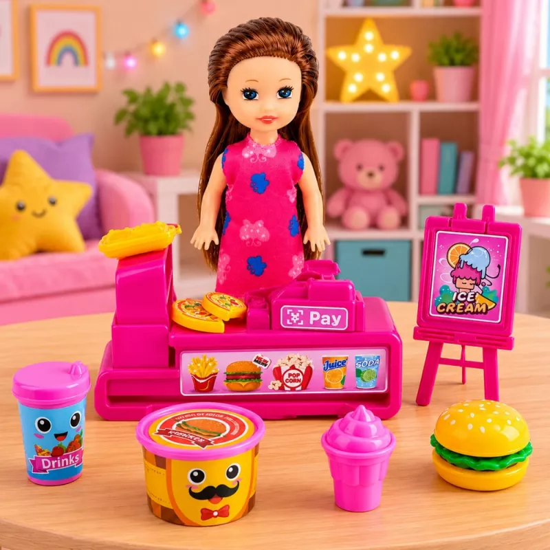 LEAN TOYS Mini Doll Set with Cash Register, Saleswoman, Hamburger, Ice Cream Accessories