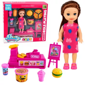 LEAN TOYS Mini Doll Set with Cash Register, Saleswoman, Hamburger, Ice Cream Accessories