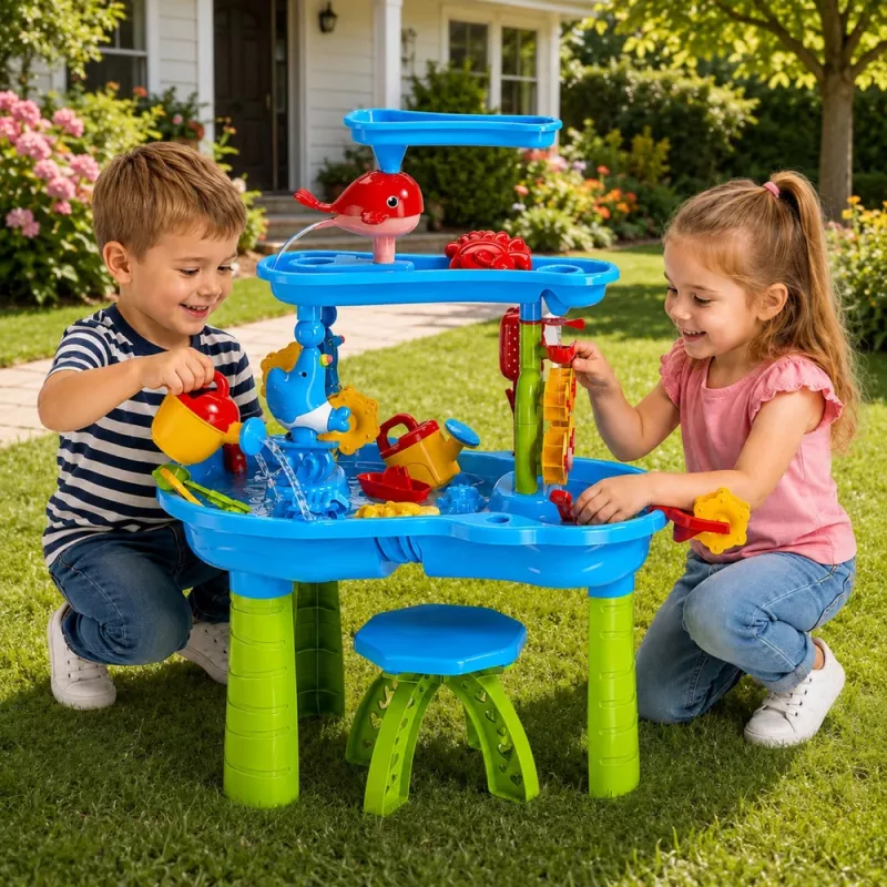 LEAN TOYS Multi-level Water Table Playground with Chair Accessories Molds 63cm