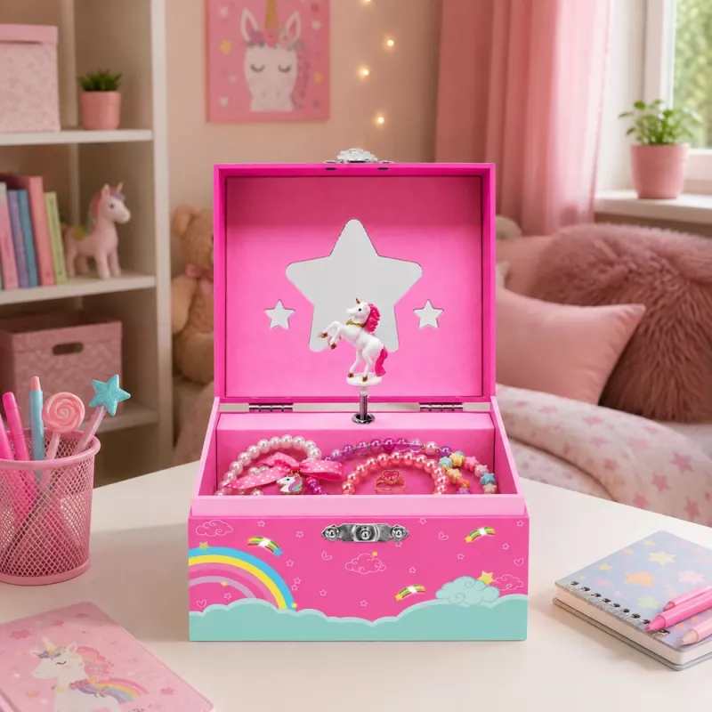 LEAN TOYS Music Box Jewelry Box Rotating Unicorn Pink