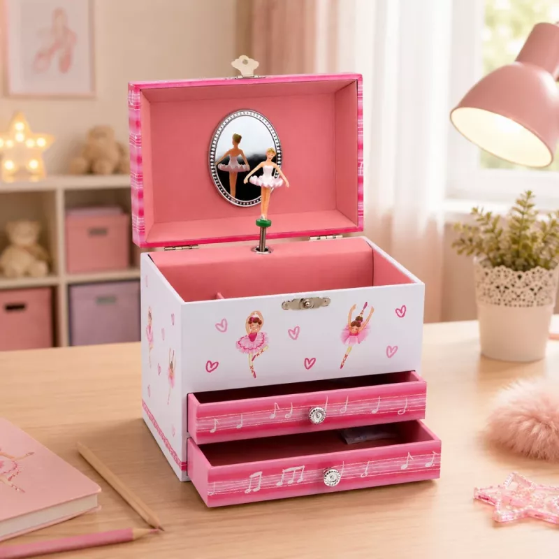 LEAN TOYS Musical Jewelry Box with Ballerina, Music Box, Mirror, and Drawers - Pink Classic Design