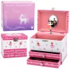 LEAN TOYS Musical Jewelry Box with Ballerina, Music Box, Mirror, and Drawers - Pink Classic Design