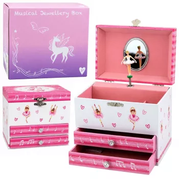 LEAN TOYS Musical Jewelry Box with Ballerina, Music Box, Mirror, and Drawers - Pink Classic Design
