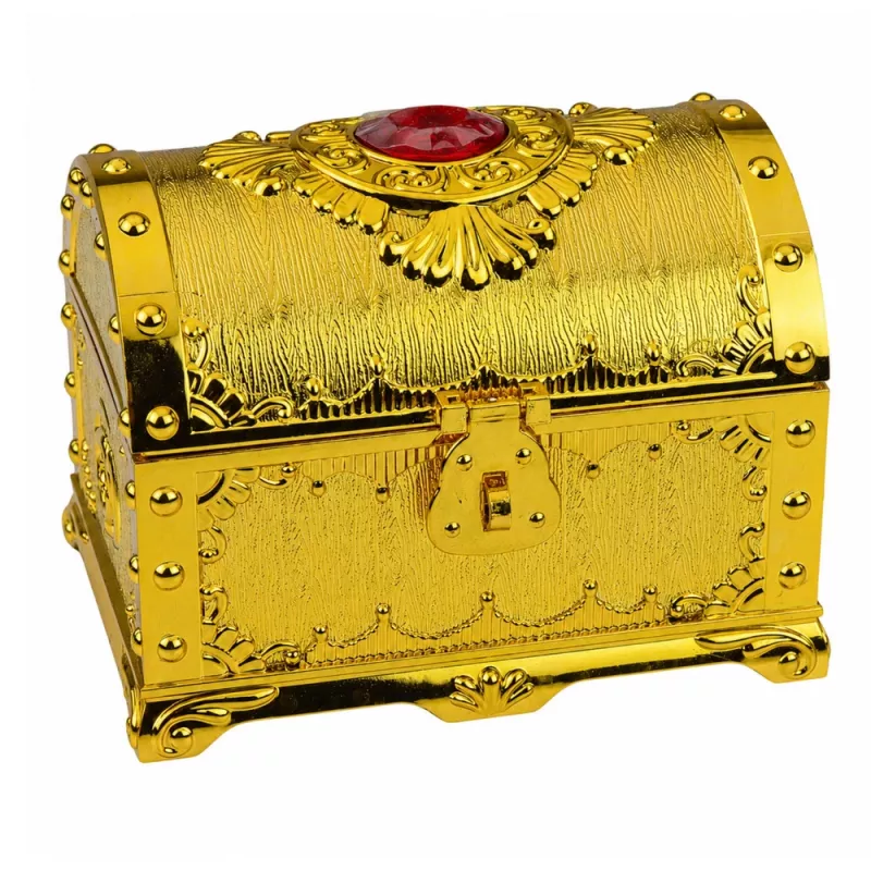 LEAN TOYS Plastic Treasure Chest for Children with Padlock and 2 Keys Gold Decorated