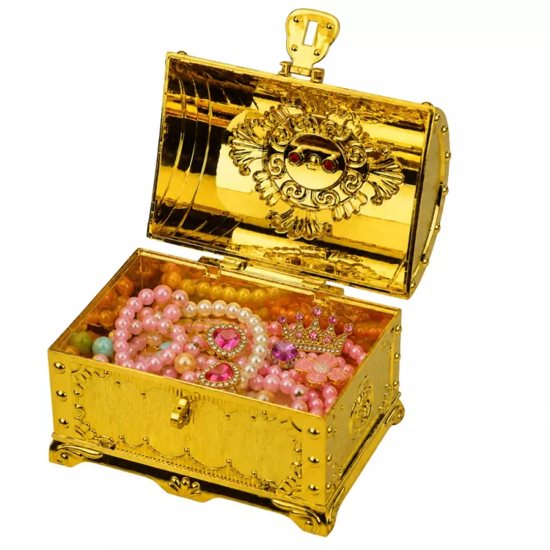 LEAN TOYS Plastic Treasure Chest for Children with Padlock and 2 Keys Gold Decorated