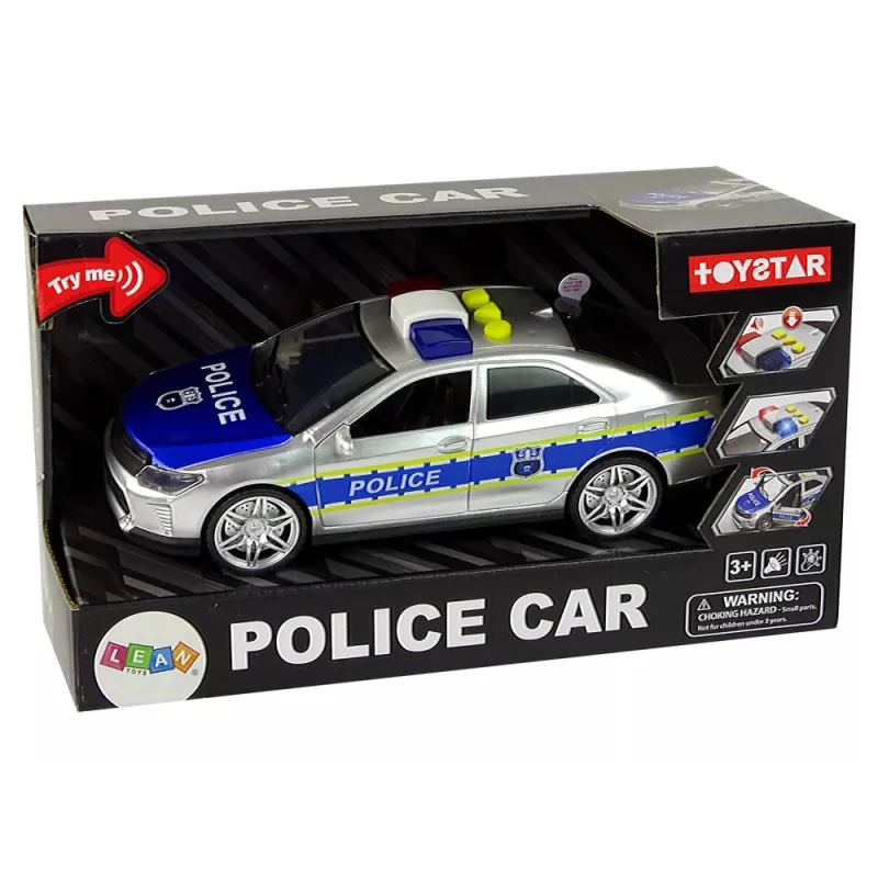 LEAN TOYS Police Car 1:14 Friction Drive Sounds Light Silver