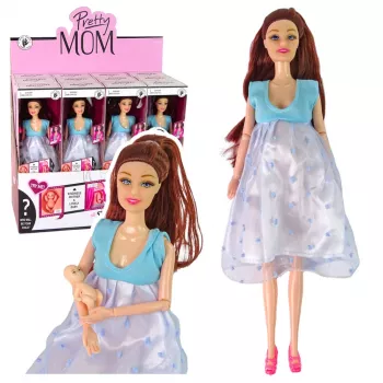 LEAN TOYS Pregnant Mom Baby Doll with Opening Belly and Blue Dress 30 cm