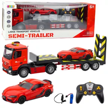 LEAN TOYS 1:16 RC Tow Truck & Sports Car Transporter Set – 2.4GHz Remote Control, Working Ramp, LED Lights, Sounds, Rechargeable