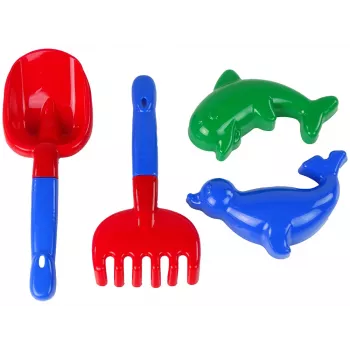 LEAN TOYS Sand Accessories 4-Piece Sand Set – Shovel, Rake, 2 Moulds, Durable Plastic, Ages 12m+
