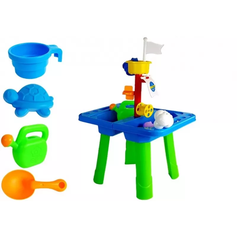 LEAN TOYS Sandbox Table with Molds, Shovel, Rake and Cloud - Multicolour