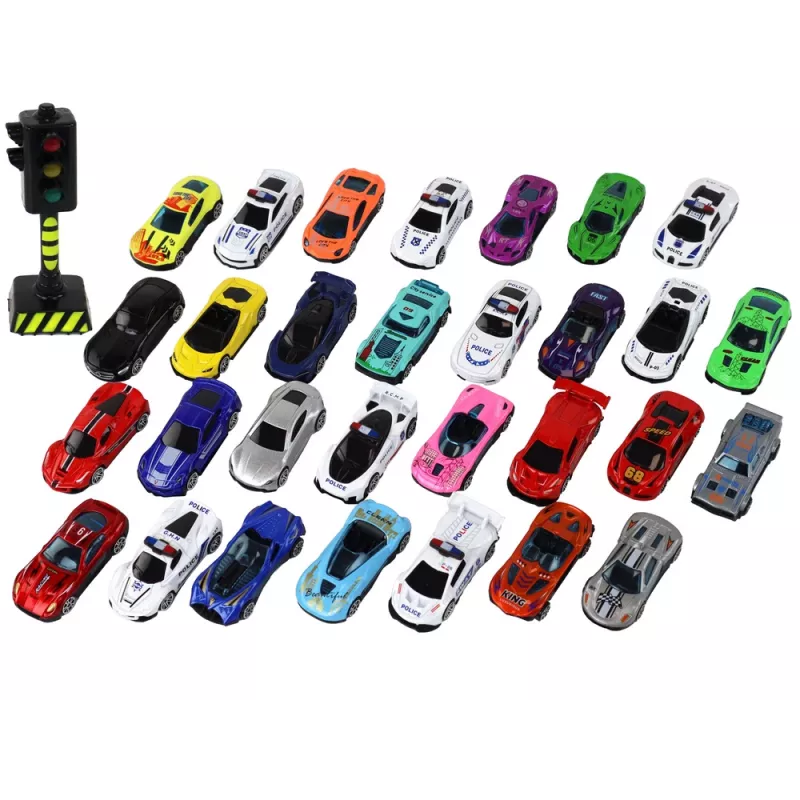 LEAN TOYS Set of Aluminum Spring Cars in a Box 30 Pieces Police Sports Cars