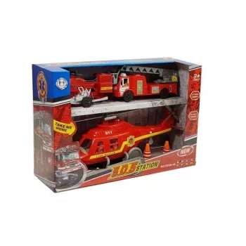 LEAN TOYS Set of Fire Brigade Vehicles Helicopter Motor Light Sounds
