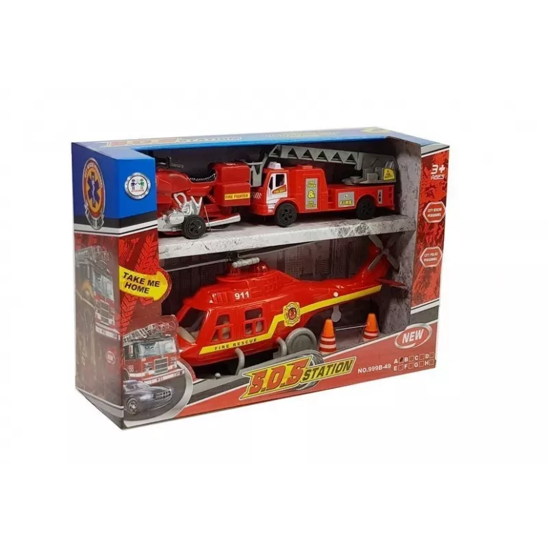 LEAN TOYS Set of Fire Brigade Vehicles Helicopter Motor Light Sounds