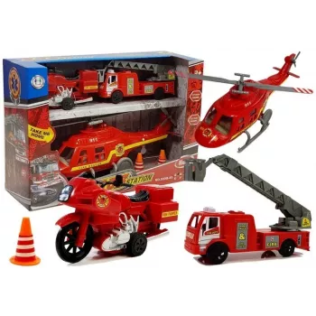 LEAN TOYS Set of Fire Brigade Vehicles Helicopter Motor Light Sounds