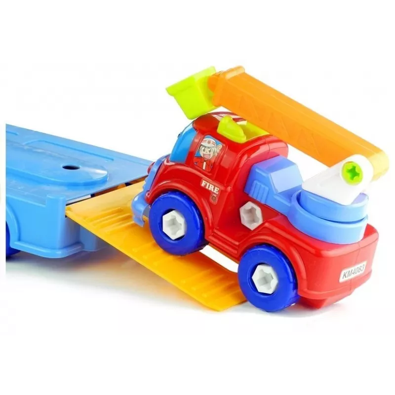 LEAN TOYS Set of Vehicles Police Fire Engine Auto Transport Trailer Unscrewing