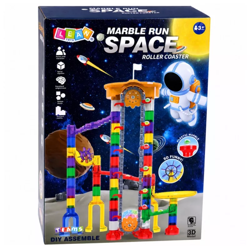 LEAN TOYS Space Track Construction Blocks 153 pcs - 3D Colorful Marble Run Set with Tunnels and Balls