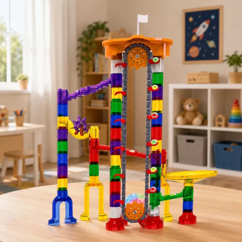 LEAN TOYS Space Track Construction Blocks 153 pcs - 3D Colorful Marble Run Set with Tunnels and Balls
