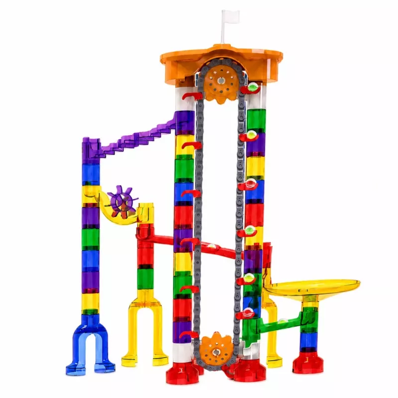 LEAN TOYS Space Track Construction Blocks 153 pcs - 3D Colorful Marble Run Set with Tunnels and Balls