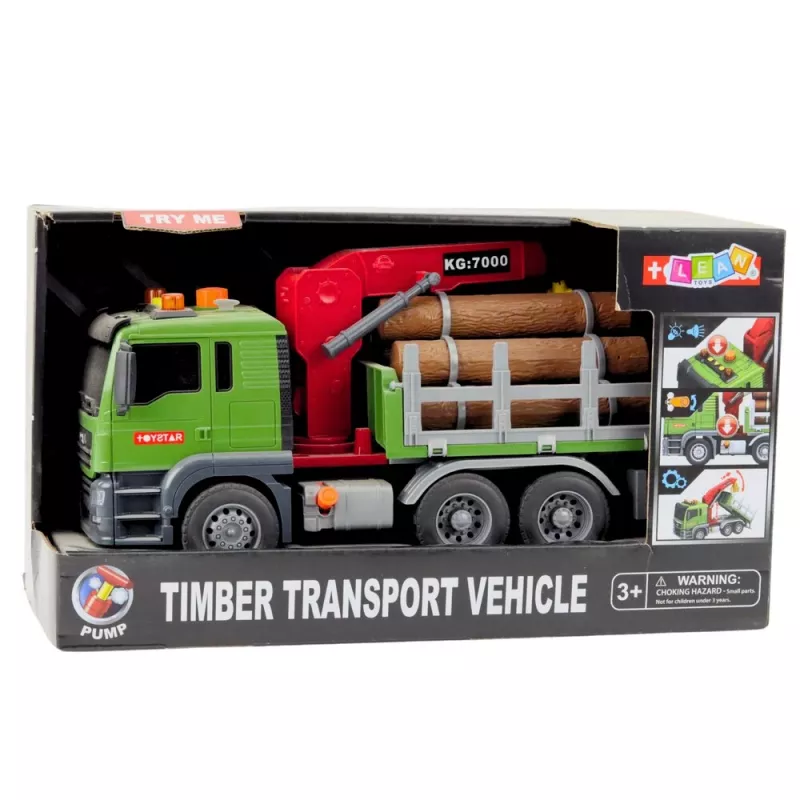 LEAN TOYS Timber Transport Truck with Crane, Logs, Lights & Sounds – Construction Vehicle Toy