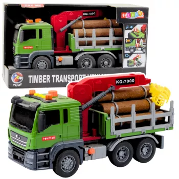 LEAN TOYS Timber Transport Truck with Crane, Logs, Lights & Sounds – Construction Vehicle Toy