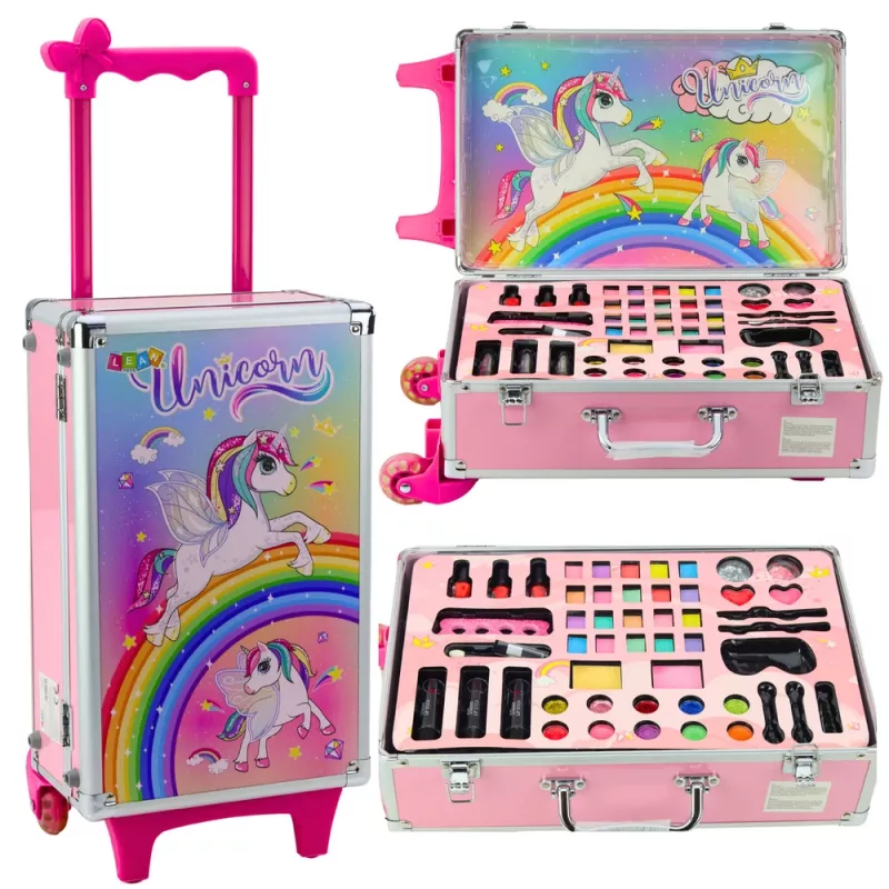 LEAN TOYS Unicorn Pink Wheeled Suitcase Beauty Set
