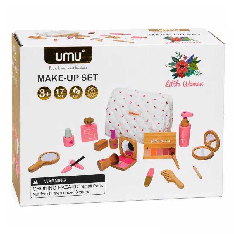 LEAN TOYS Wooden Beauty Set For Girls With White Cosmetic Bag 17 Pieces