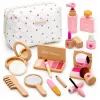 LEAN TOYS Wooden Beauty Set For Girls With White Cosmetic Bag 17 Pieces