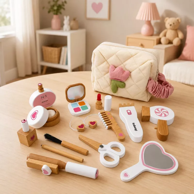 LEAN TOYS Wooden Beauty Set Makeup Cosmetic Bag Accessories 16 pcs.