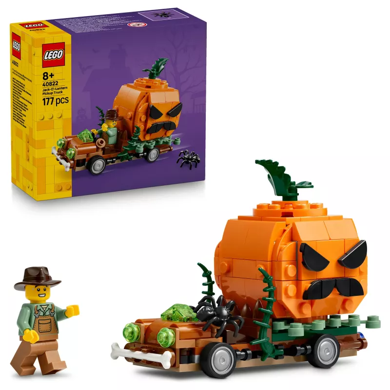 LEGO 40822 Jack-O'-Lantern Pickup Truck Building Set - 200 Pieces, Scarecrow Minifigure, Halloween Display Model