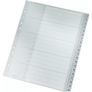 LEITZ 1284 A4 Extra Wide Numbered Index Dividers 1-20, Grey, 20-Part, Polypropylene, 0.12 mm, with Writable Cover Sheet 1284-00