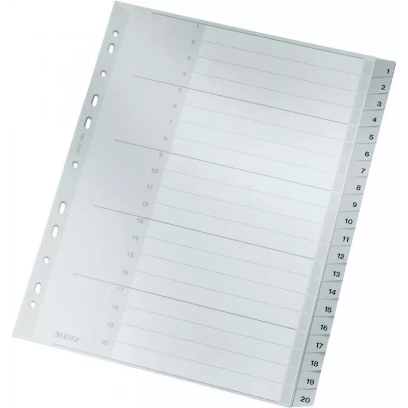LEITZ 1284 A4 Extra Wide Numbered Index Dividers 1-20, Grey, 20-Part, Polypropylene, 0.12 mm, with Writable Cover Sheet 1284-00