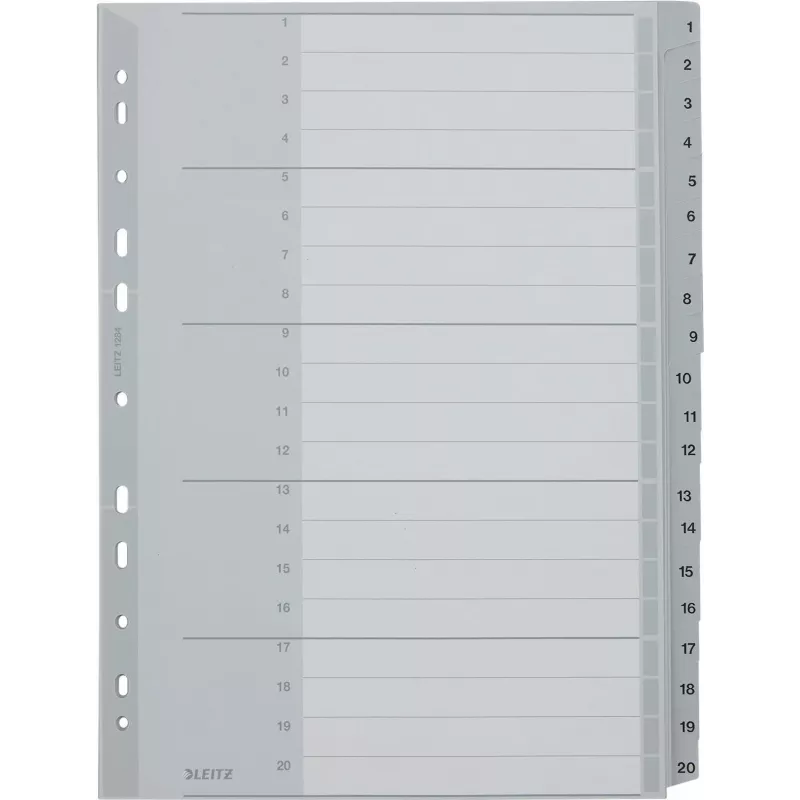 LEITZ 1284 A4 Extra Wide Numbered Index Dividers 1-20, Grey, 20-Part, Polypropylene, 0.12 mm, with Writable Cover Sheet 1284-00